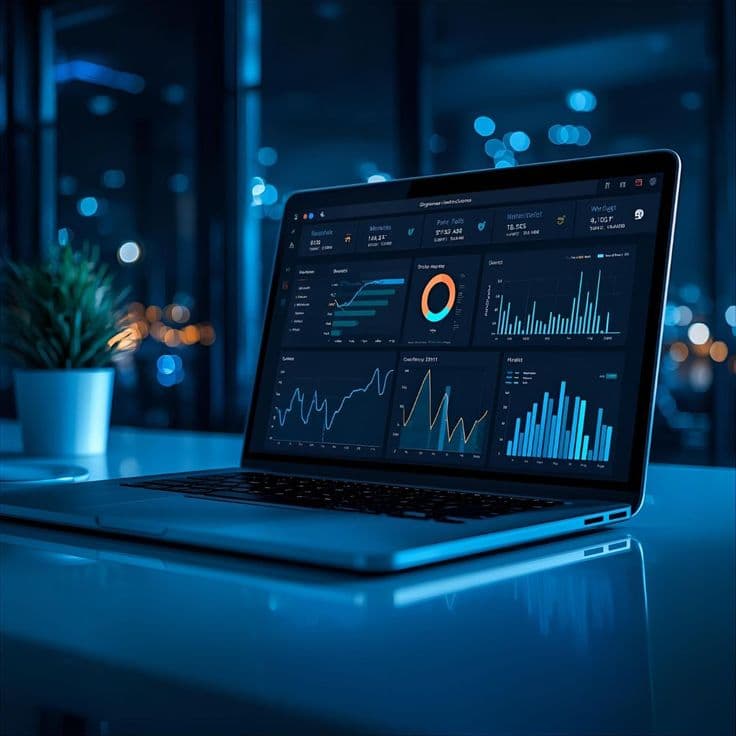 Analytics dashboard showing marketing performance metrics on a laptop in a dark office