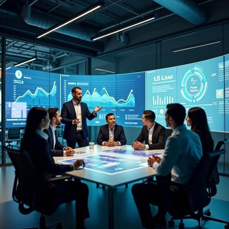 Marketing team in a boardroom reviewing performance data on curved digital screens