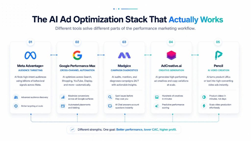 The AI Ad Optimization Stack That Actually Works — Meta Advantage+, Google Performance Max, Madgicx, AdCreative.ai, Pencil