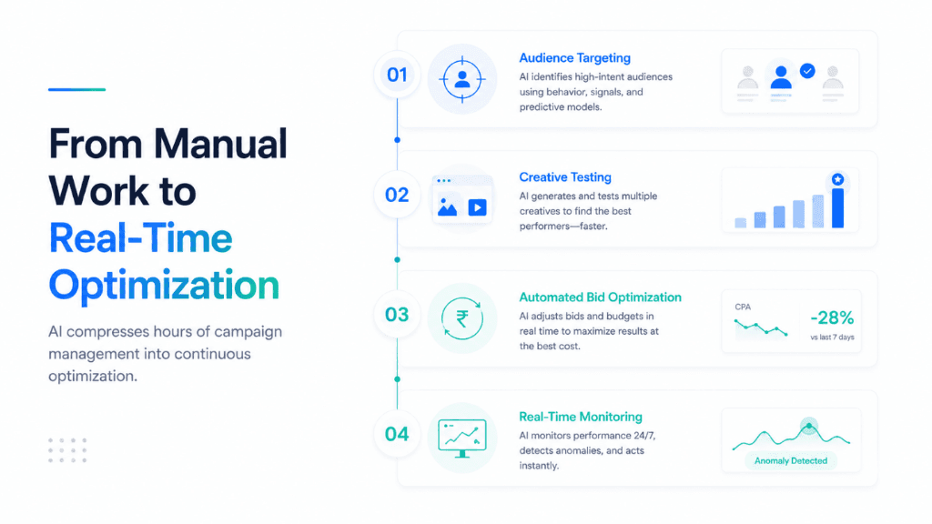 From Manual Work to Real-Time Optimization — Audience Targeting, Creative Testing, Automated Bid Optimization, Real-Time Monitoring