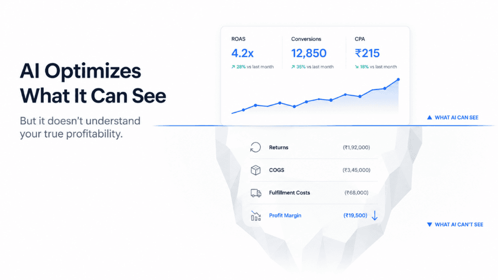 AI Optimizes What It Can See — iceberg showing ROAS, Conversions, CPA above the surface and Returns, COGS, Fulfillment Costs, Profit Margin below