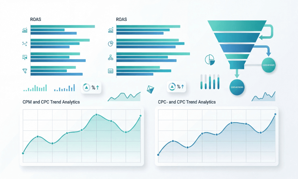 ROAS analytics dashboard with CPM and CPC trend analytics and conversion funnel
