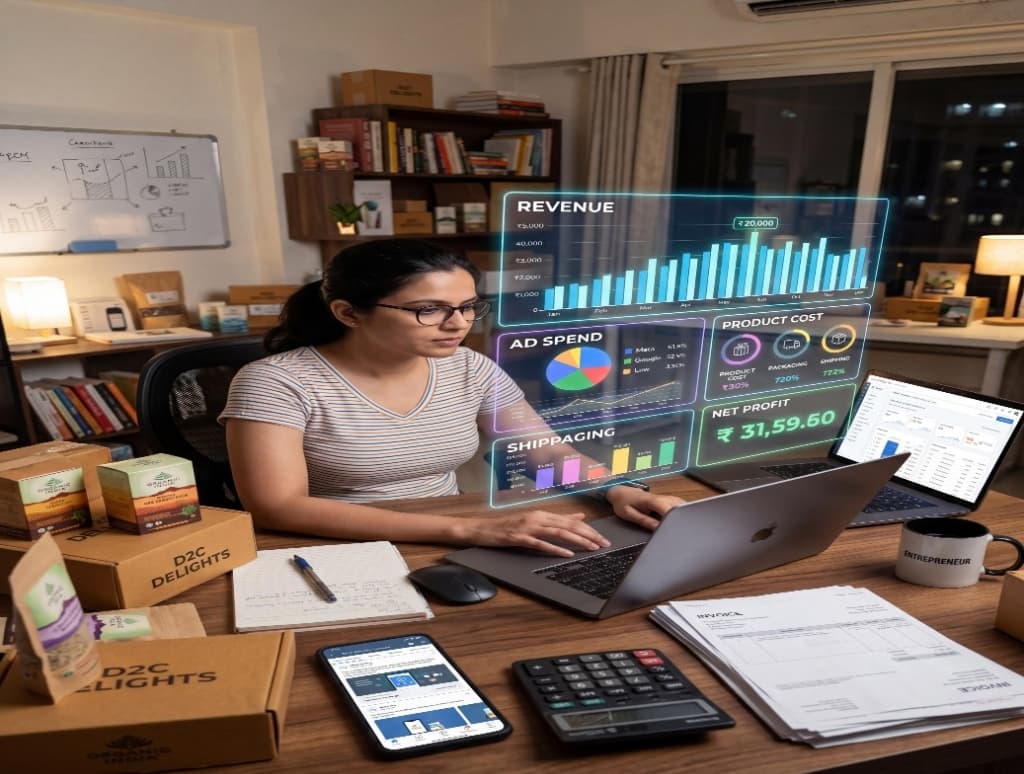 D2C founder analyzing revenue, ad spend, product cost, and net profit overlays in her office with product boxes