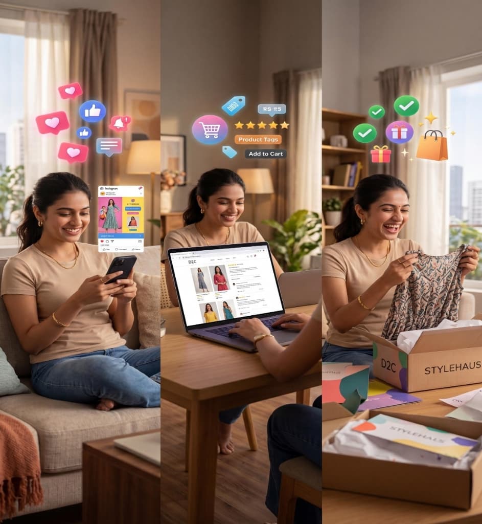 Three-panel illustration of D2C customer journey: discovering products on social media, browsing and adding to cart, and receiving the delivery