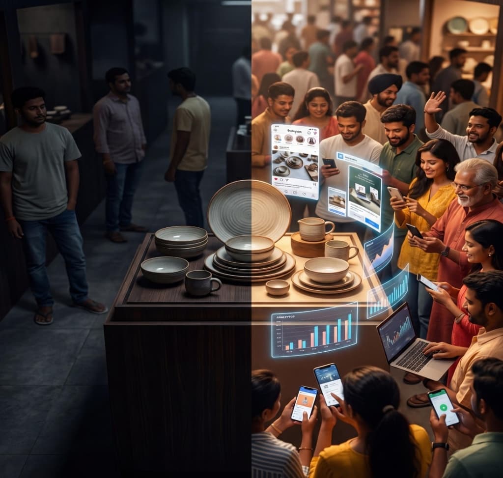 Split view showing the contrast between traditional retail with few visitors and a digitally-advertised brand with engaged customers and analytics