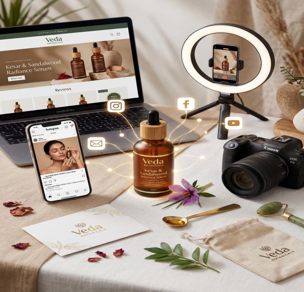 D2C brand product surrounded by multi-channel digital advertising touchpoints including social media, email, and e-commerce