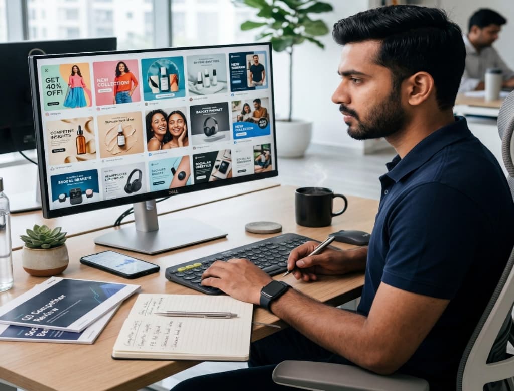 D2C marketer studying social media ad creatives and competitor insights on a desktop monitor