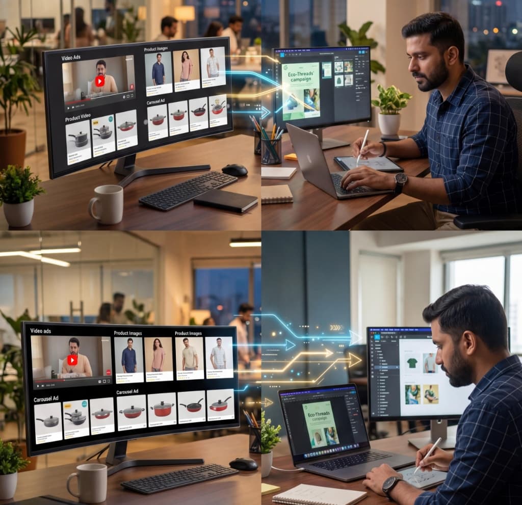 D2C marketer researching competitor ad creatives including video ads, product images, and carousel ads on multiple screens