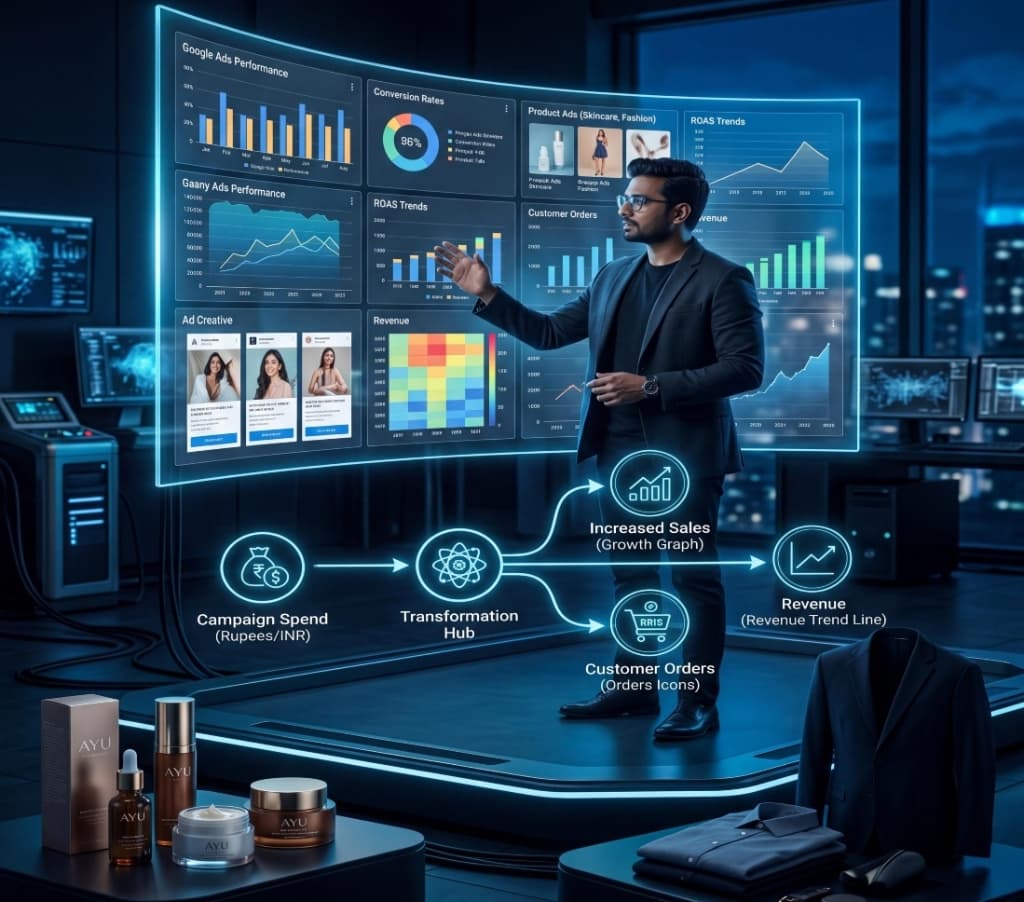 D2C brand manager presenting campaign performance analytics with Google Ads data, conversion rates, and ROAS trends on a futuristic dashboard