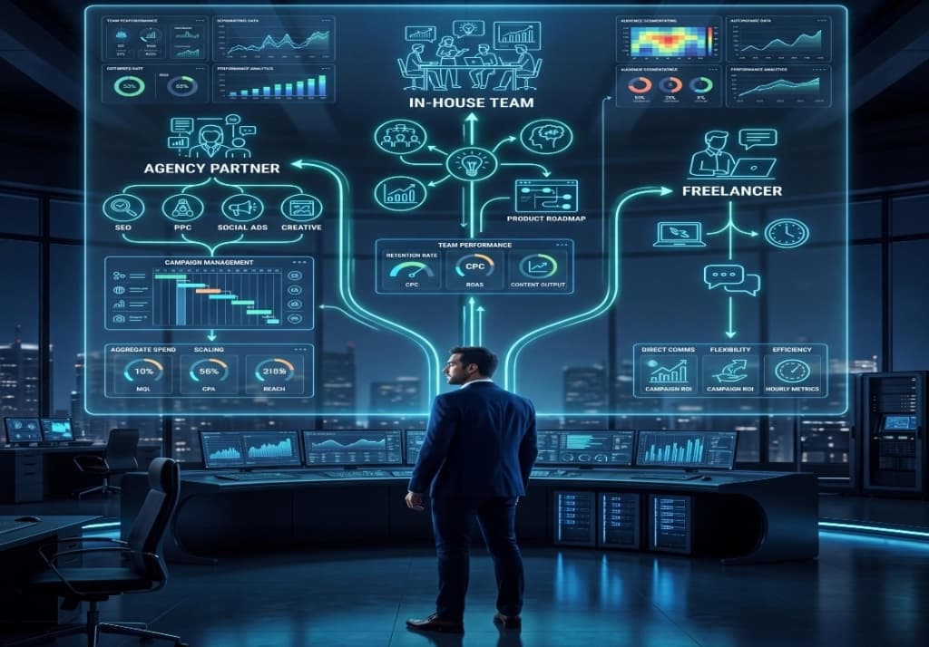 Dashboard visualizing the hybrid management model with in-house strategy and external technical execution