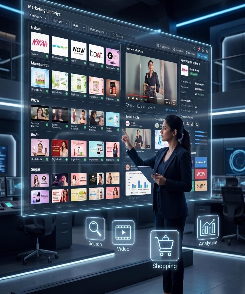 D2C marketer analyzing a competitive marketing library dashboard showing brand ad creatives from Nykaa, Mamaearth, WOW, BoAt, and Sugar with search, video, shopping, and analytics icons