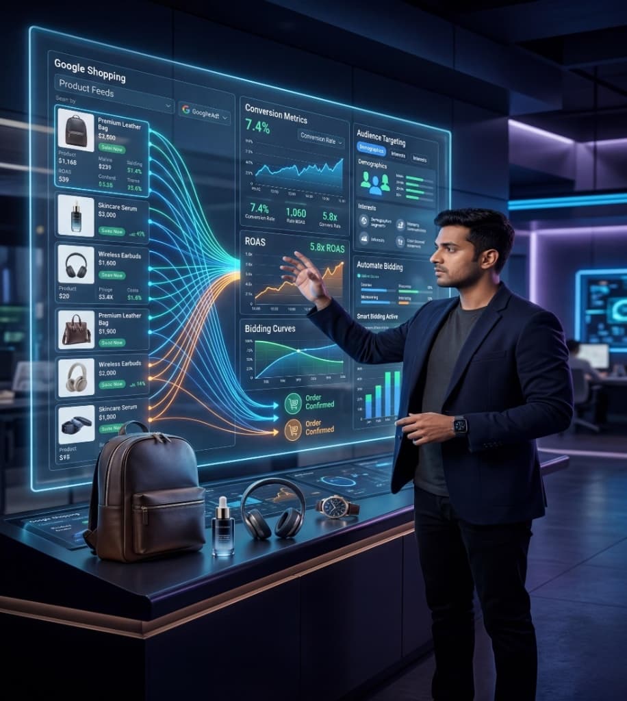 D2C marketer optimizing Google Shopping campaigns using advanced bidding curves, ROAS targets, and audience demographic insights
