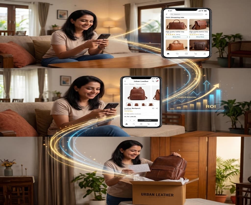 Rich Shopping Ads experience on mobile showing product selection, checkout conversion flow, and final unboxing