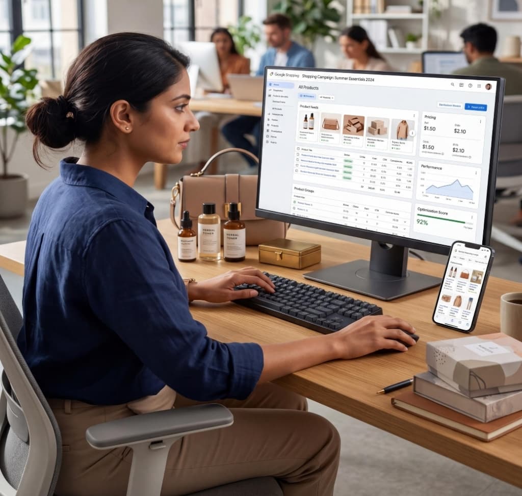 D2C marketer managing Google Shopping standard campaigns with product feeds and pricing controls