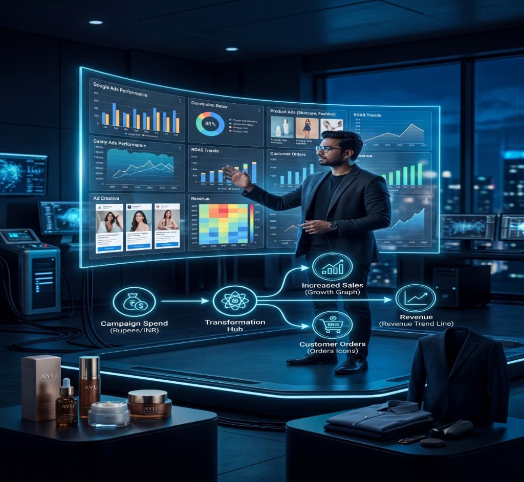 D2C brand manager presenting Instagram campaign performance analytics with ad creatives, ROAS trends, and revenue data on a futuristic dashboard