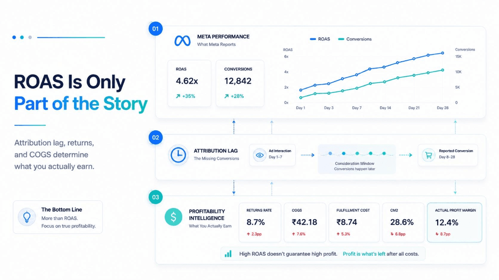 ROAS Is Only Part of the Story. Attribution lag, returns, and COGS determine what you actually earn.