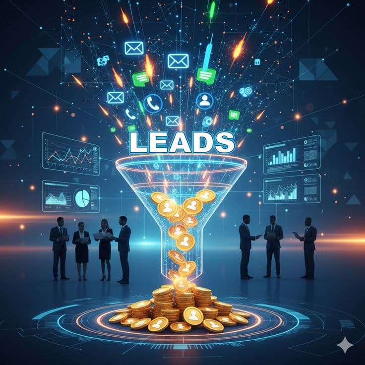 Digital marketing funnel converting leads into profit with gold coins and campaign icons
