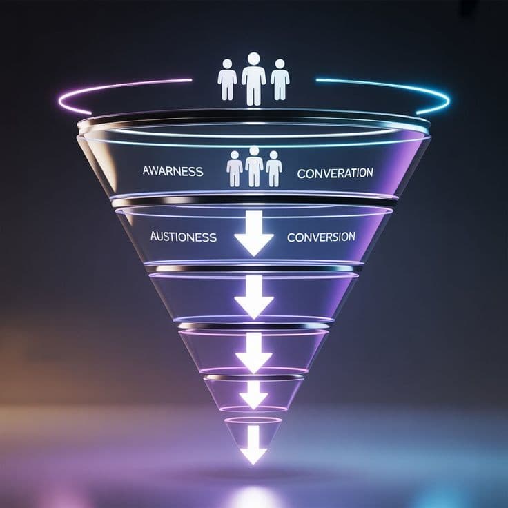 Marketing funnel showing awareness, consideration, and conversion stages with glowing neon visuals