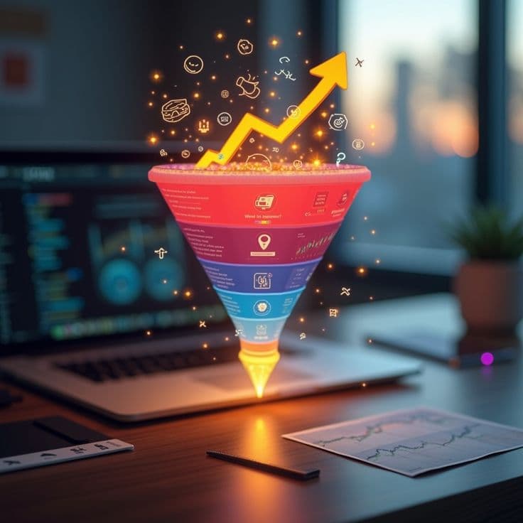 Colorful marketing funnel with growth arrow showing ROAS optimization concept