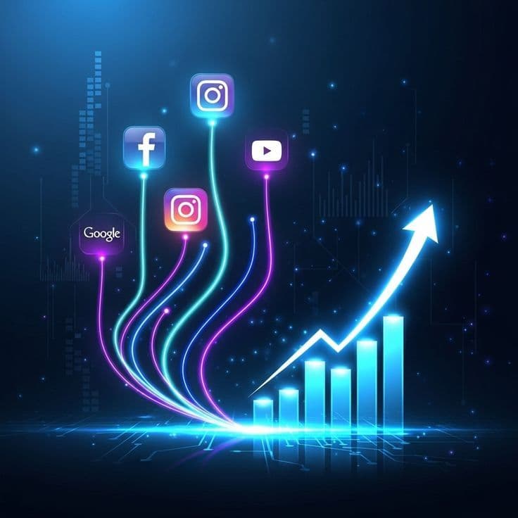 Social media platform icons connected to rising analytics charts showing cross-platform data flow