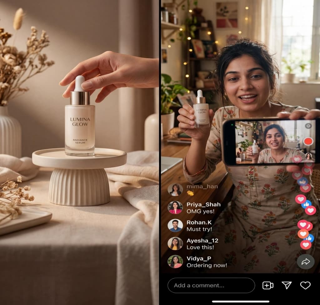 Split view showing a premium skincare product in studio lighting alongside a creator filming a genuine UGC review with social media engagement