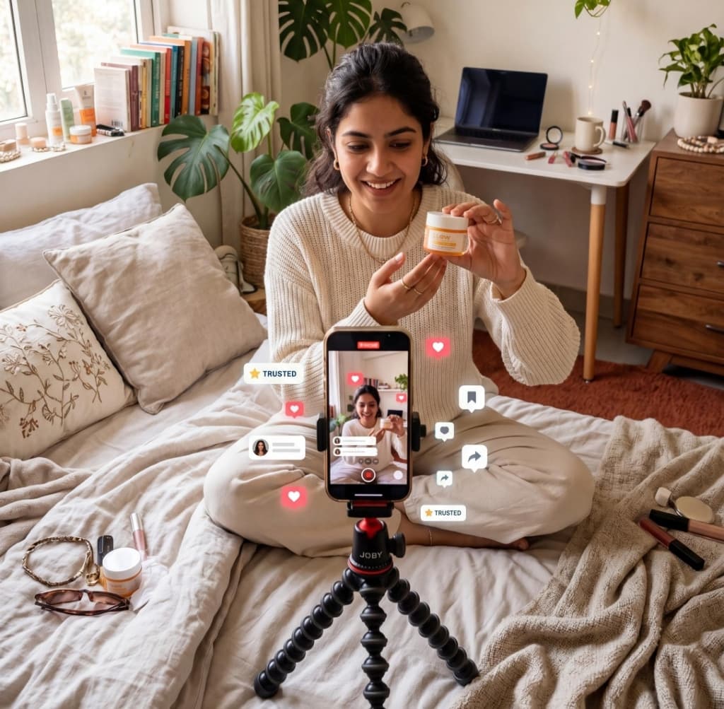 D2C content creator filming a UGC-style product review on her phone with social media engagement icons floating around