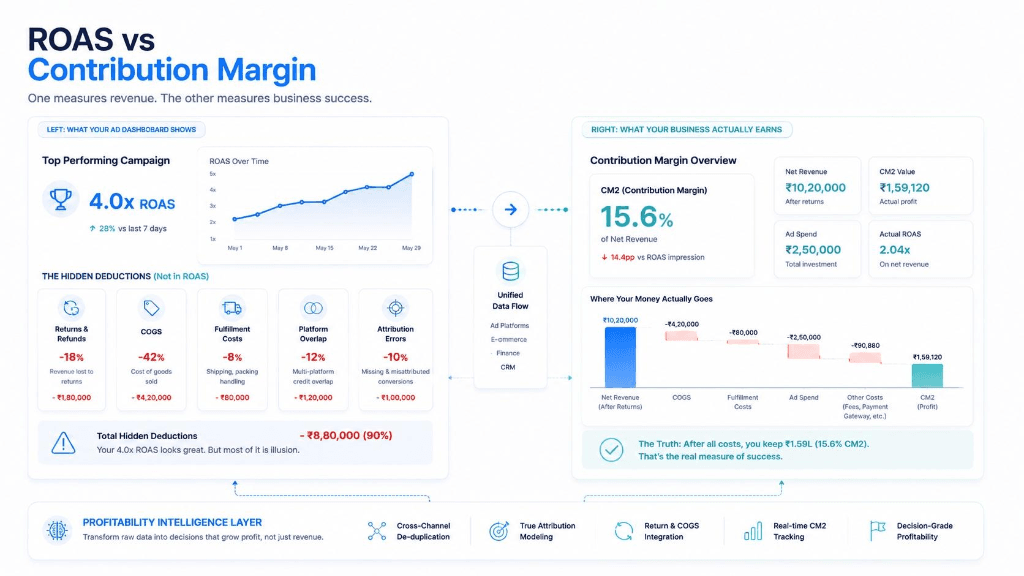 ROAS vs Contribution Margin. One measures revenue. The other measures business success. CM2 accounts for Returns, COGS, Fulfillment, Platform Overlap, and Errors.