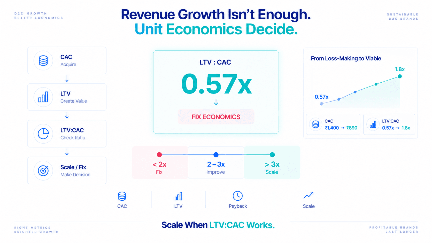 LTV:CAC moving from 0.57x towards 1.8x: from loss-making to viable